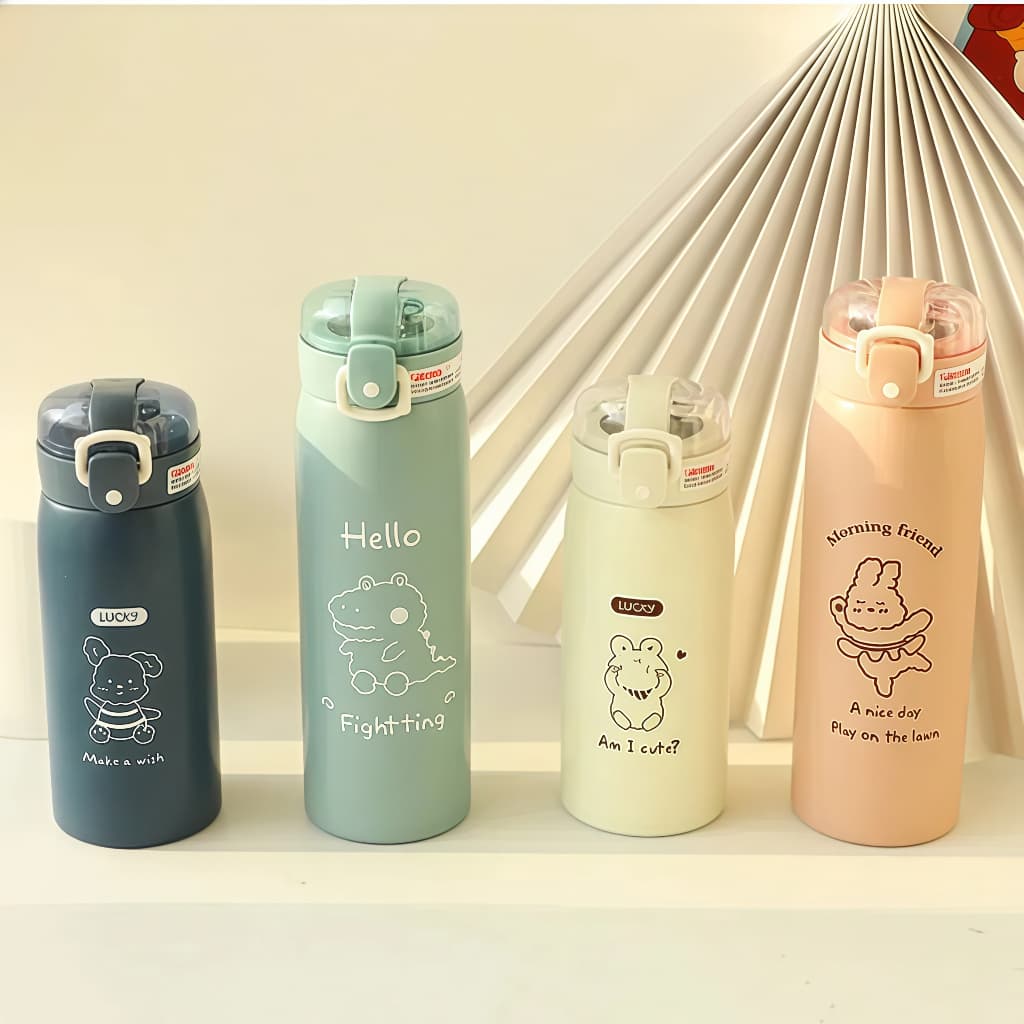 KIT Garrafinha Garrafa Termica Infantil Estampas Bichinhos Animais 350ML 500ML com Canudo