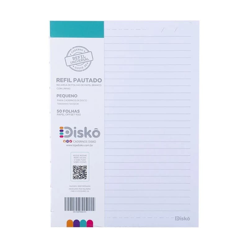 Refil Pautado Caderno de Discos P A5 - 8 Furos(Compatível Com "Caderno Inteligente" P. A5) - DISKÔ