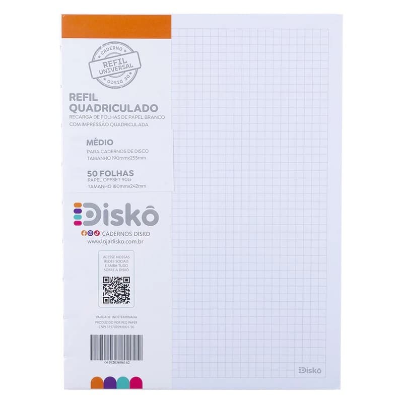 Refil Quadriculado Caderno de Discos M -9 Furos (Compatível Com "Caderno Inteligente" MÉDIO) - DISKÔ