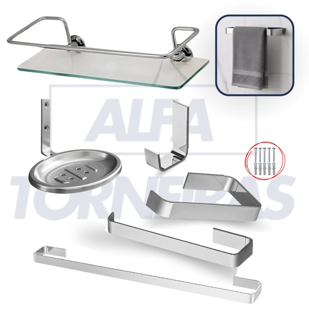 Kit Acessórios Banheiro 5 Peças Inox Quadrado + Porta Shampoo Reto Vidro Temperado 6mm