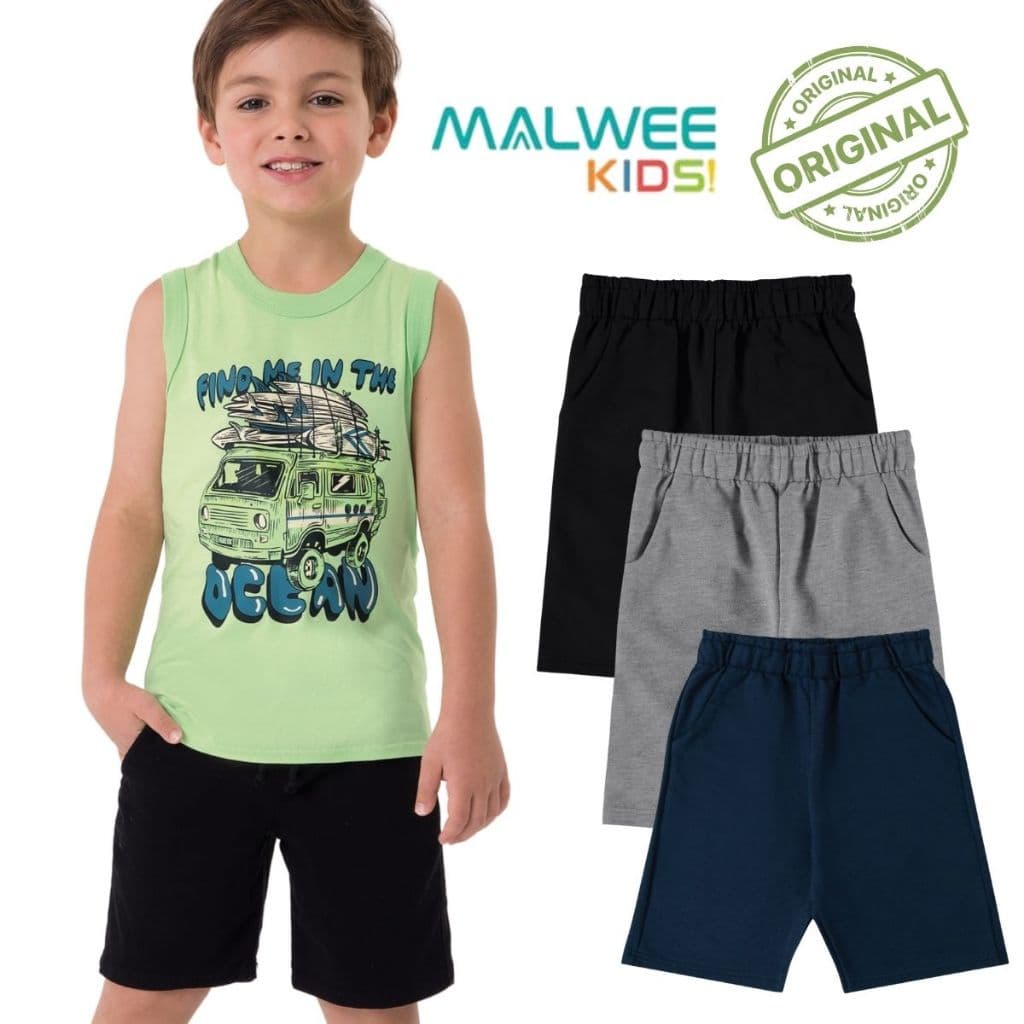 KIT 3 SHORTS BERMUDAS MOLETINHO UNIFORME MENINO INFANTIL BOLSOS JUVENIL MALWEE KIDS