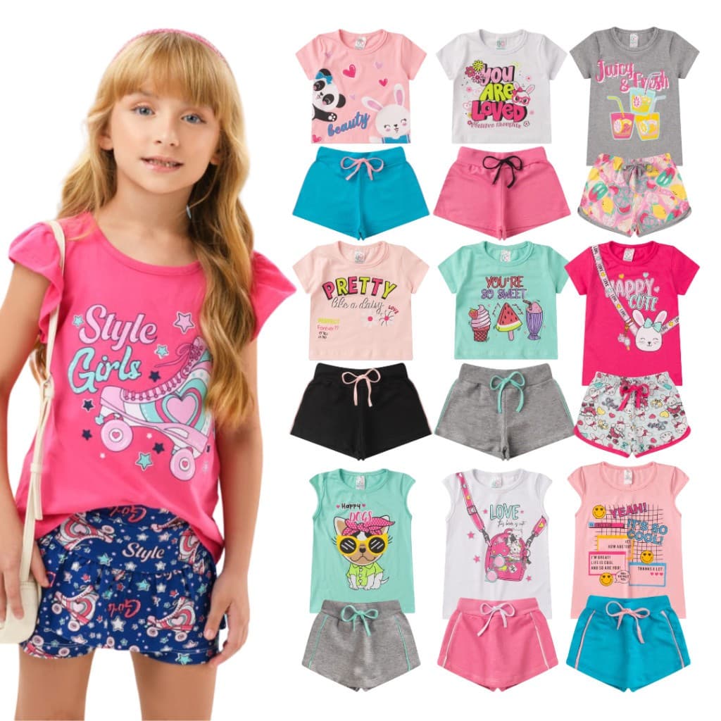Kit 2 ou 4 Peças conjuntos Infantil e Juvenil Verão Menina 1 ao 14