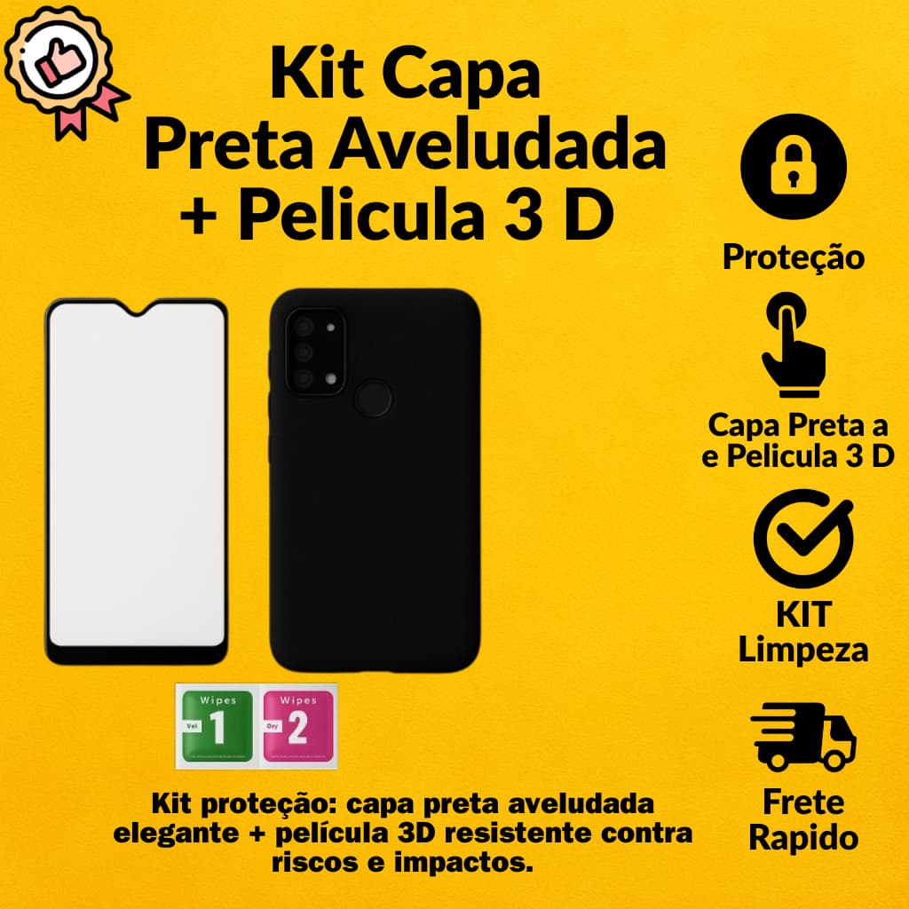 Kit Capa Aveludada Preta + Película de Vidro 3D – Compatível com Motorola G55 G24 4G G04