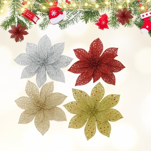 Flores de Natal com Glitter – Kit 2, 6 ou 12 Unidades Vazadas para Decoração Natalina