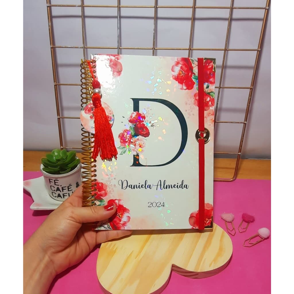Agenda 2026 Alfabeto Floral Luxo Premium Glamour capa Holográfico personalizada