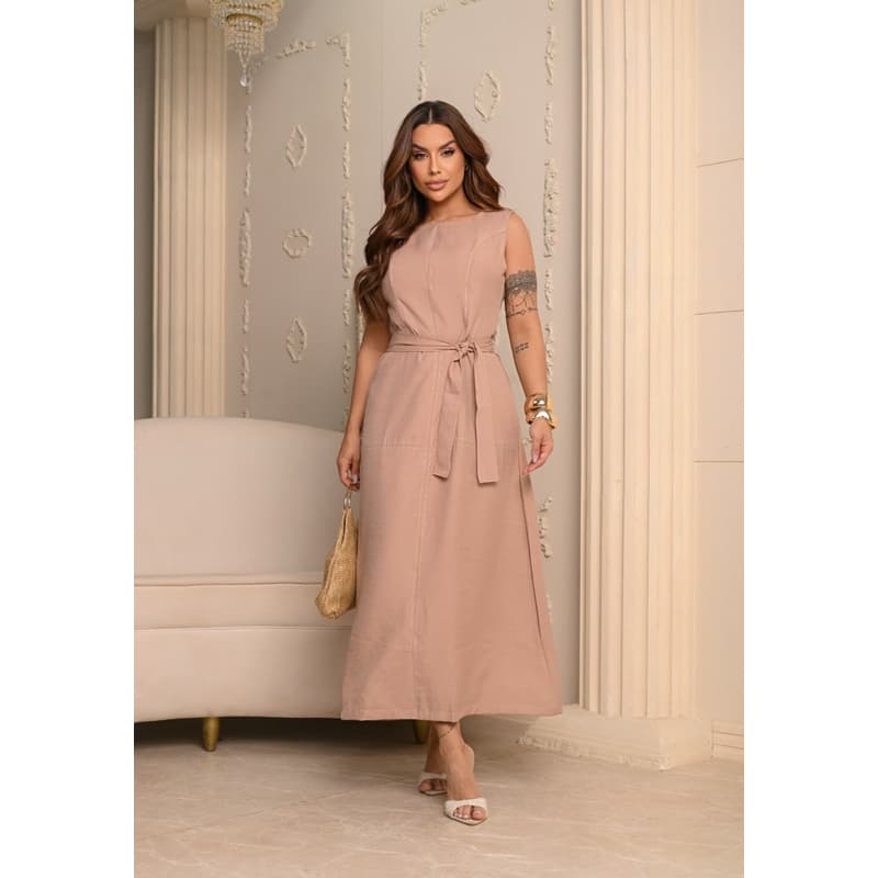 Vestido feminino de alfaiataria midi manga regata com cinto