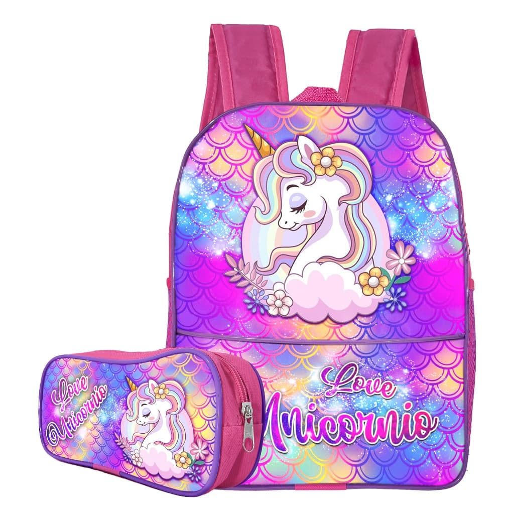 Kit Mochila Escolar Infantil Menina Rosa ,Gatinho Unicórnio ,Princesas Estojo 1 Simples Resistente