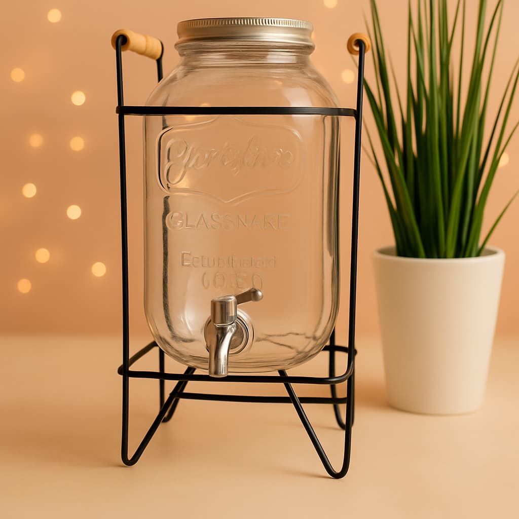 Suqueira dispense  jarra vidro com suporte  metal preto  4L