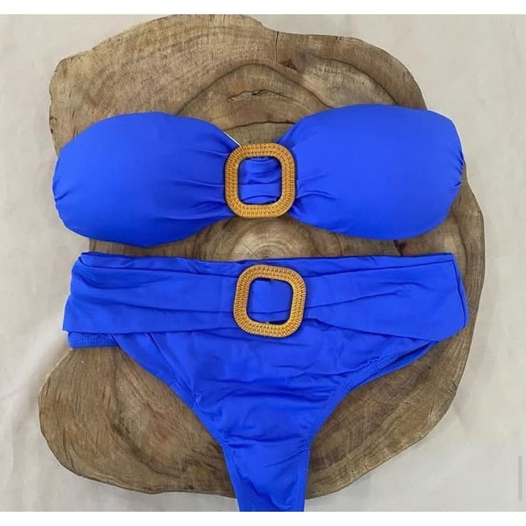 Conjunto Biquíni Com Fivela Frontal Top Tomara Que Caia E Calcinha Cintura Alta Elegante