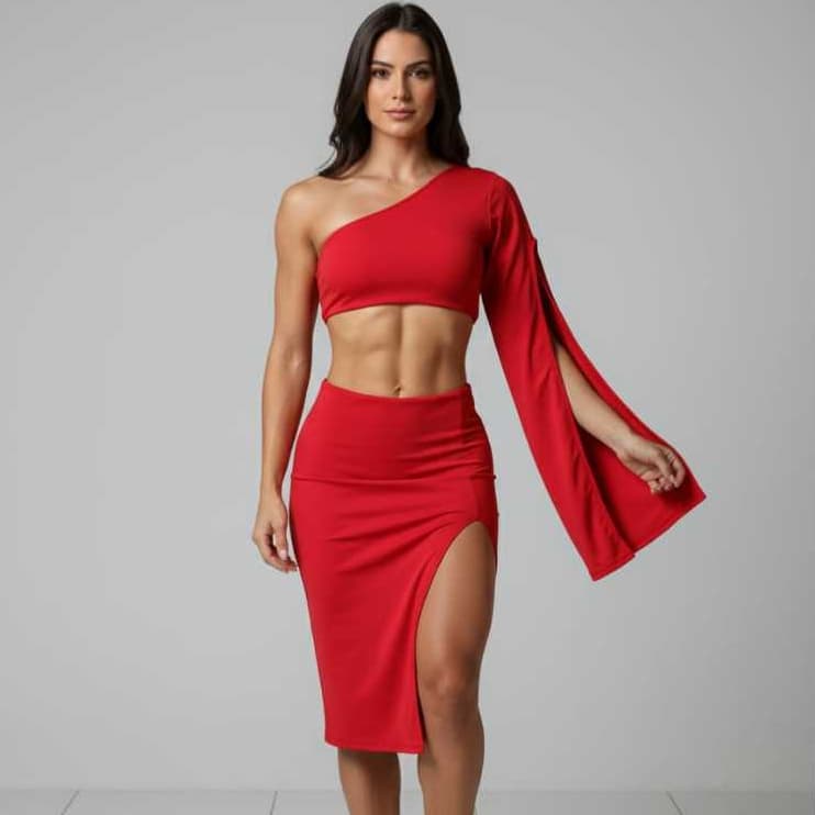 Conjunto  feminino crooped manga unica, saia midi  com fenda sofirticado e elegante natal festas