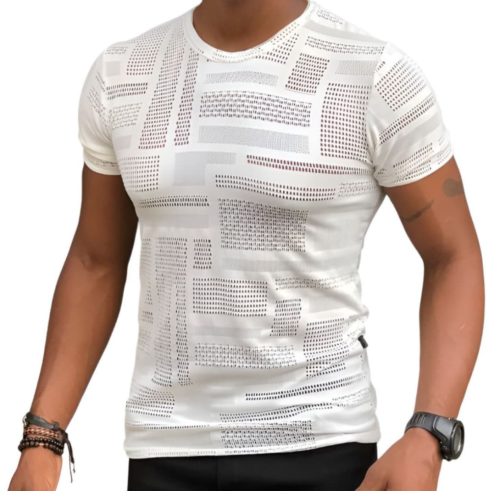 Camiseta Masculina Slim Branca Estilo Geométrico Vazado Moderna Diandrher