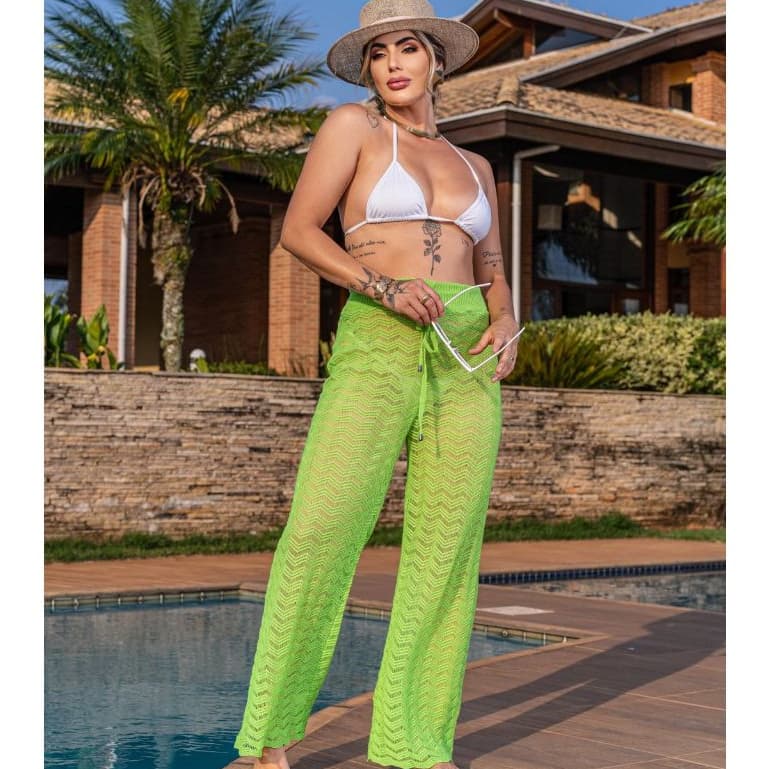 Calça Saída de Praia Pantalona Detalhes Zig com Cordão Ajustável Moda Piscina Tendência Verão