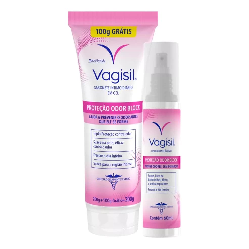 Kit Vagisil Odor Block: Sabonete 300g + Desodorante 60ml. Proteção 24h, pH neutro e frescor íntimo.