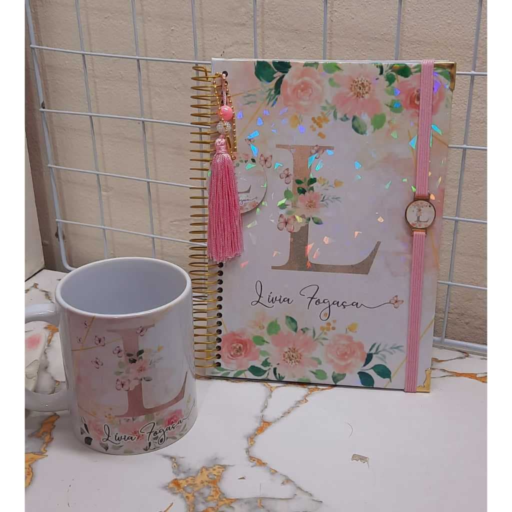 Kit 2 ITENS Agenda 2026 Floral Luxo +Caneca Porcelana Personalizado com capa holografica