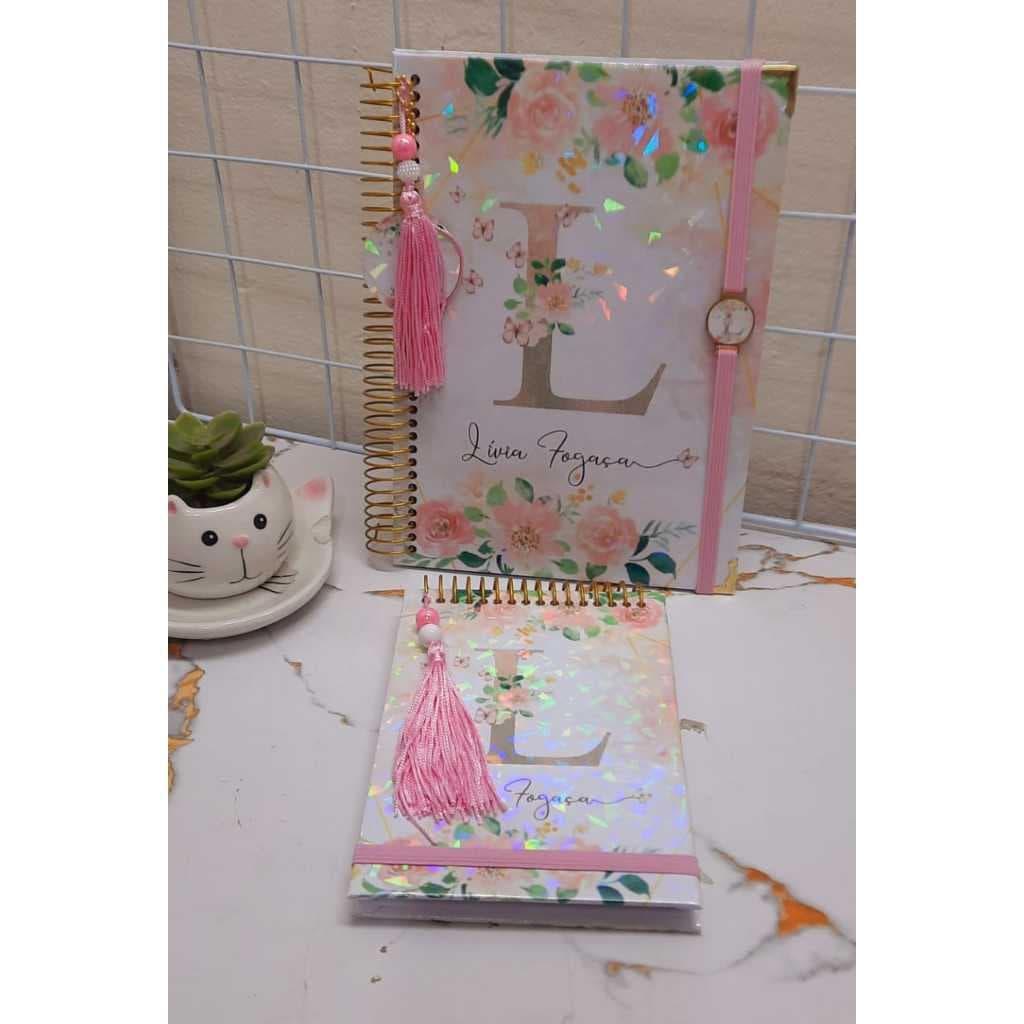 Kit 2 itens Agenda Floral Luxo glamour+ Bloco notas personalizado capa holografica