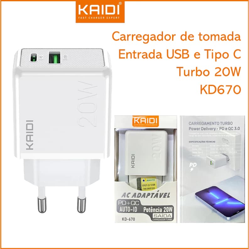 Carregador Adaptador Fonte de Carregamento Turbo 20W com entrada Tipo-C e USB KAIDI KD-670