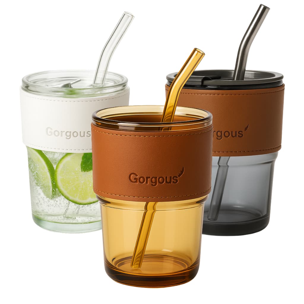 Copo de Vidro Com Canudo 400ml Coldre Couro Cozinha Decoração Drink Chá Bebidas