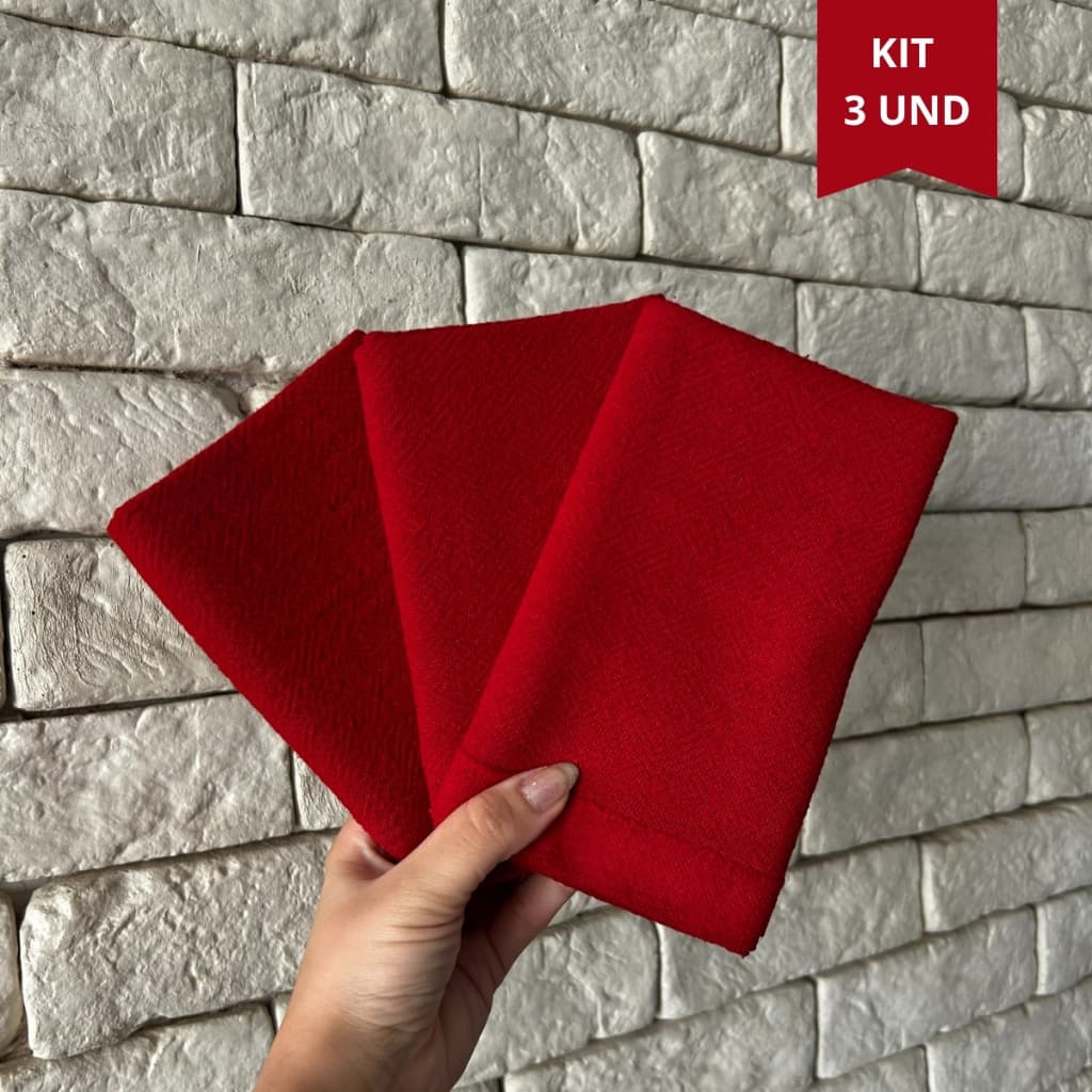Kit 3 Panos de Prato Vermelho Liso Tecido Pé de Galinha 100% Algodão com Bainha Premium Grande Gourm