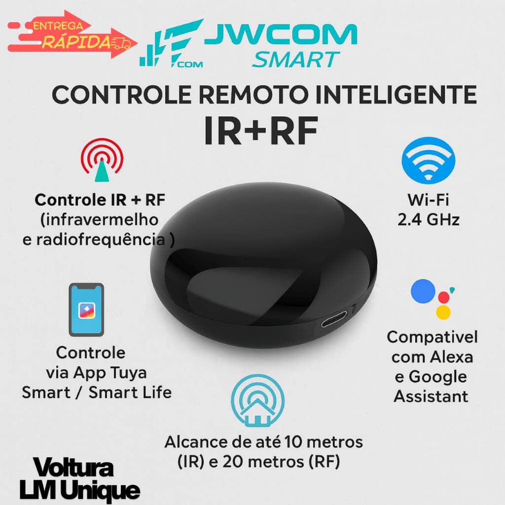 Controle Remoto Inteligente JWCOM Smart IR + RF Wi-Fi Alexa Google Tuya Automação Residencial