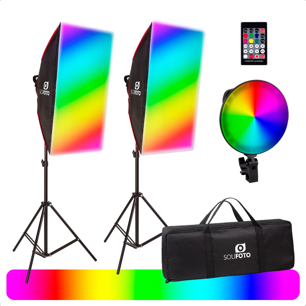 Kit Softbox LED RGB Luz Continua Colorida com Controle Remoto Completo Para Produtor de Conteúdo