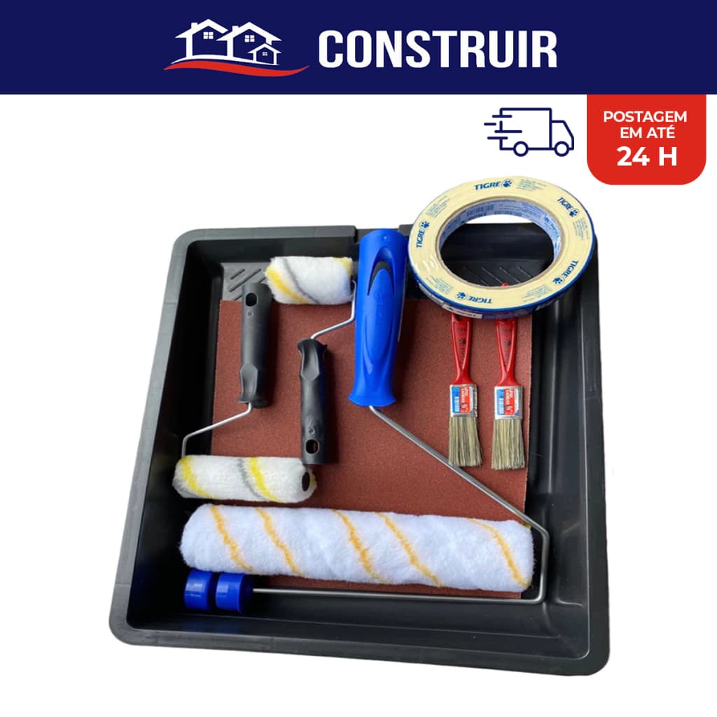 Kit C/ 15 Peças Pintura Casa Parede Rolo De Lã Com Fita Crepe + Pincel + Lixa E Bandeja Tigre