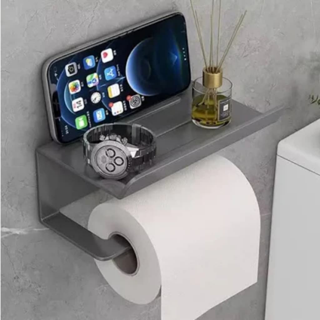 Porta Papel Higiênico com Suporte Apoio para Celular Lenço Umedecido em Aço Inox Escovado Premium.