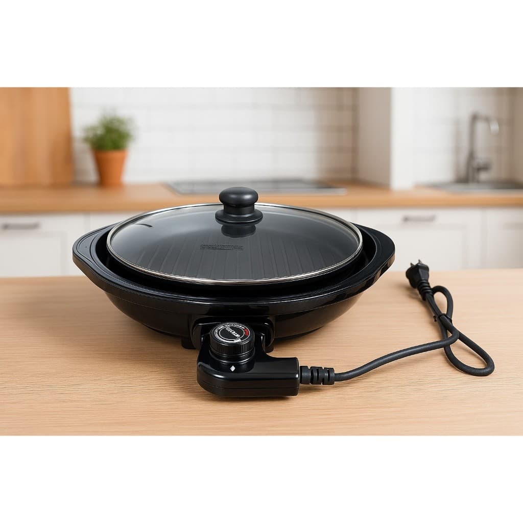 Grill Eletrico Redondo Ajuste Termostato Churrasqueira Compacta 127V 200V Preta