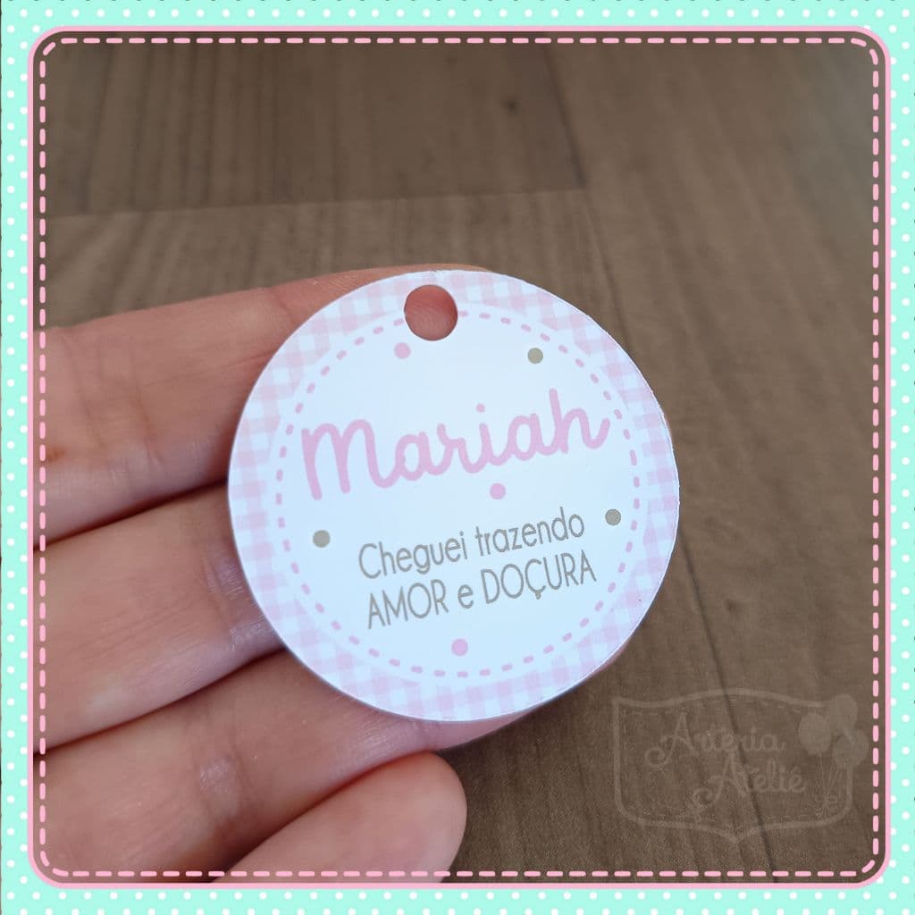 Tag de pendurar aplique Lembrancinha Maternidade Nascimento chá de bebê neném xadrez bordinha rosa azul verde bege cinza