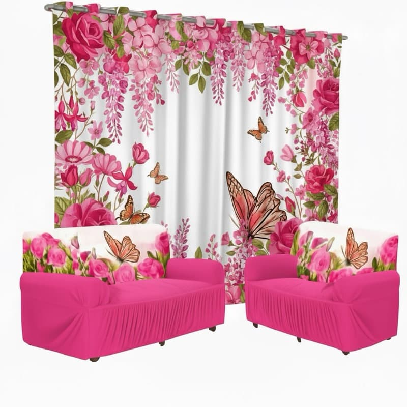 Kit capa de sofá 2 e 3 lugares Mais  Cortina estampada para sala ou quarto