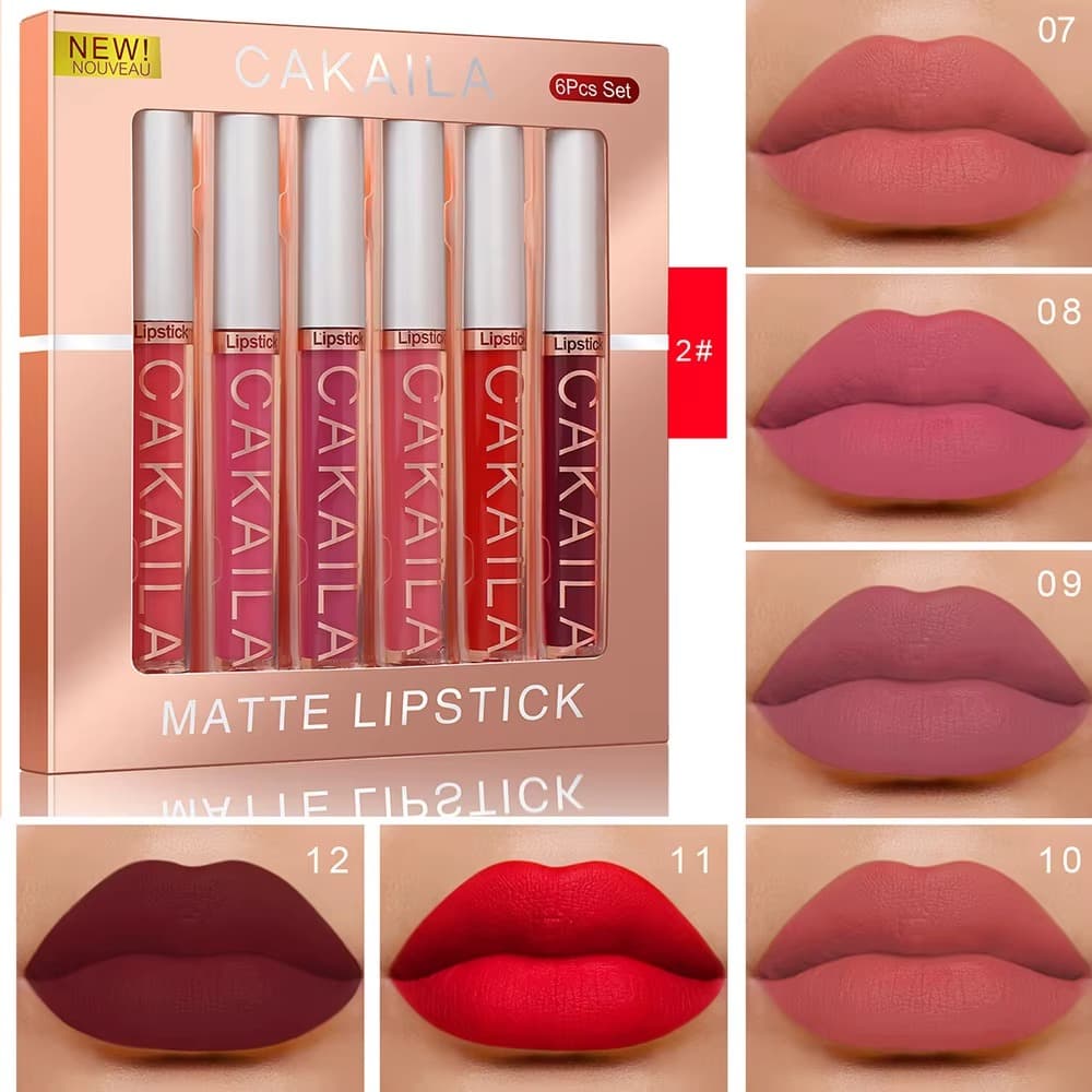 Conjunto Batom Gloss Kit 6 Cores Líquido Fosco Maquiagem Feminina De Longa Duração, à Prova D'água