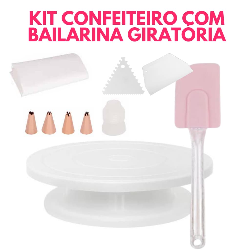Kit Bailarina Giratória 28 cm Branco com Espátulas, Pão Duro, Saco e Bico de Confeitar  Ideal para Bolos e Doces