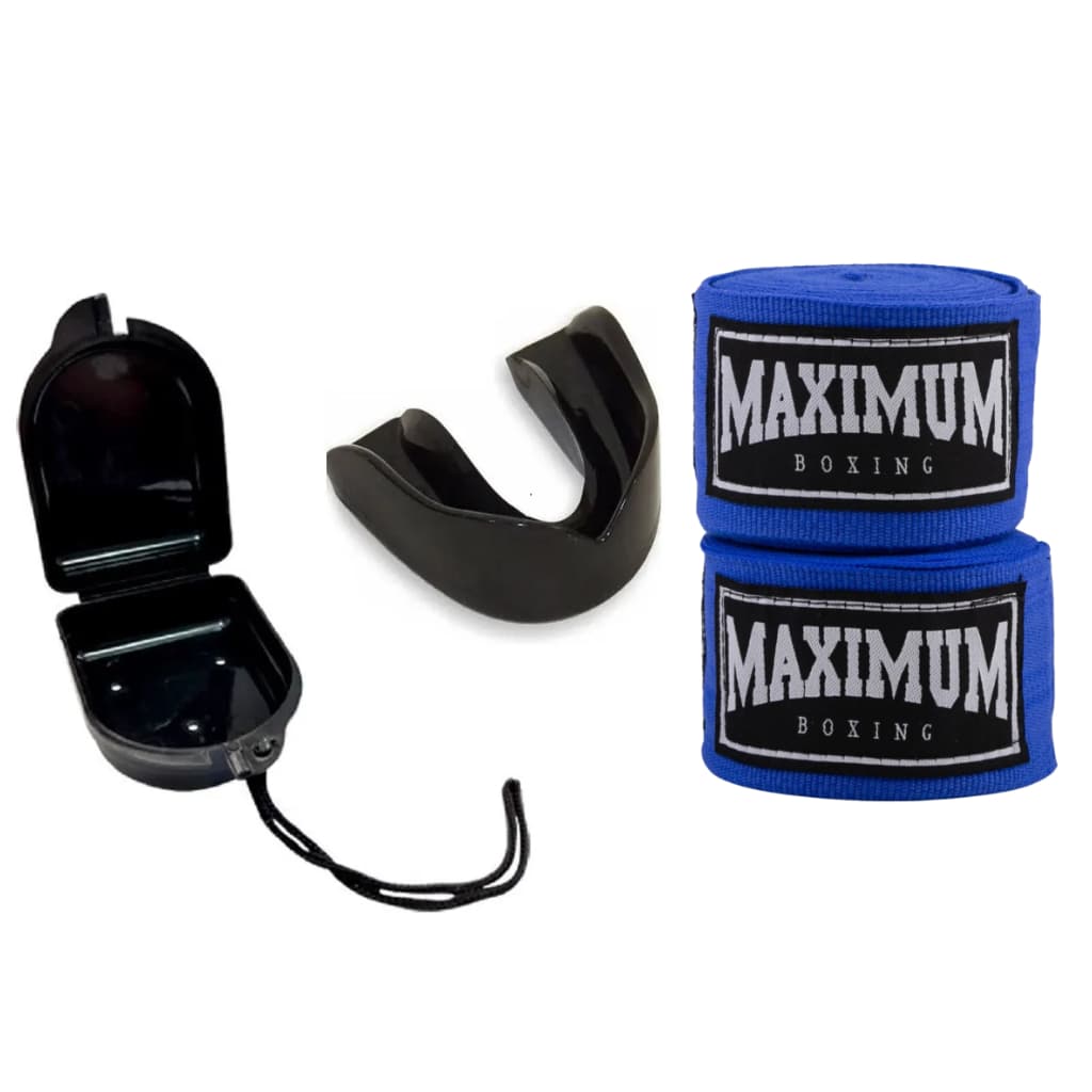 Kit Protetor Bucal Zona Livre + Bandagem Azul 3 metros Maximum Boxing – Treino de Luta e Muay Thai