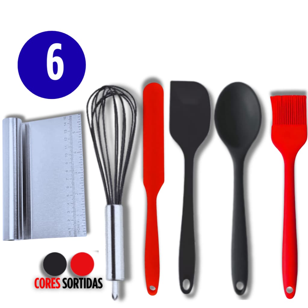 KIT 6 PEÇAS INOX E SILICONE KIKA UTILIDADES – ESPÁTULA TUBULAR, FUET, ESPÁTULA PARA BOLO, PÃO DURO, COLHER E PINCEL DE S