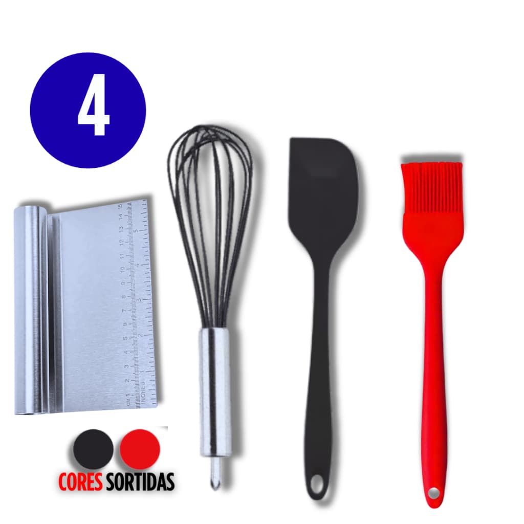 KIT 4 PEÇAS INOX + SILICONE KIKA UTILIDADES – ESPÁTULA TUBULAR, FUET, ESPÁTULA PÃO DURO E PINCEL DE COZINHA