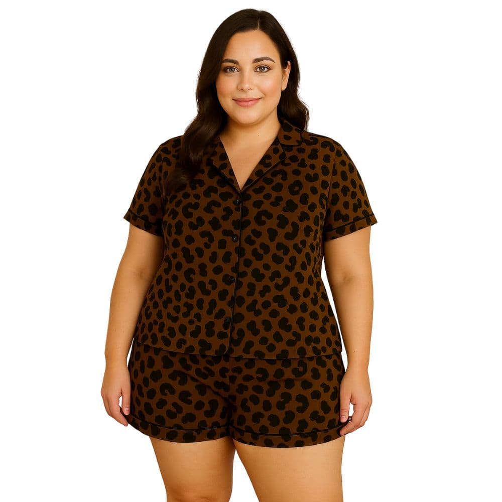Pijama Americano Estampado Plus Size Blusa com Botões que Abrem e Short Anastácia 50 52 54 56