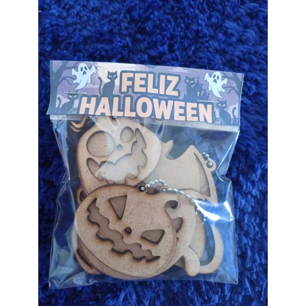 Kit com 6 Chaveiros de Halloween em MDF Cru Lembraçinhas – Abóbora, Gato, Fantasma e Morcego 🎃👻