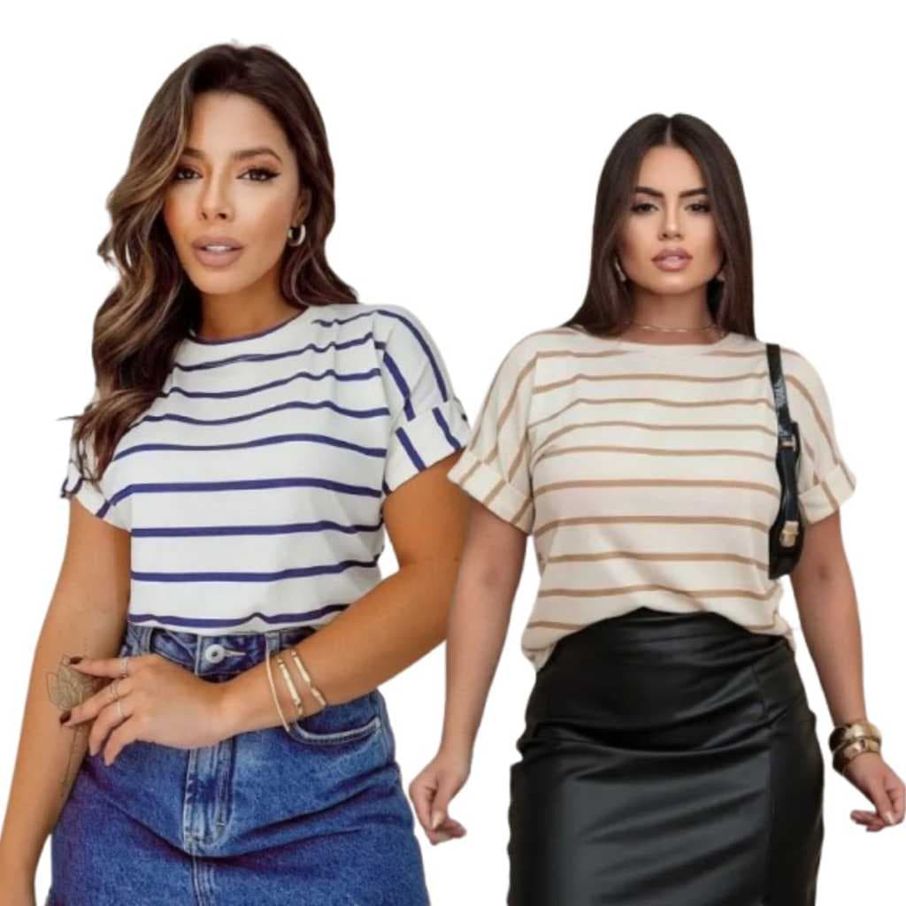 Kit 2 Blusas Feminina Listra Fina Manga Japonesa