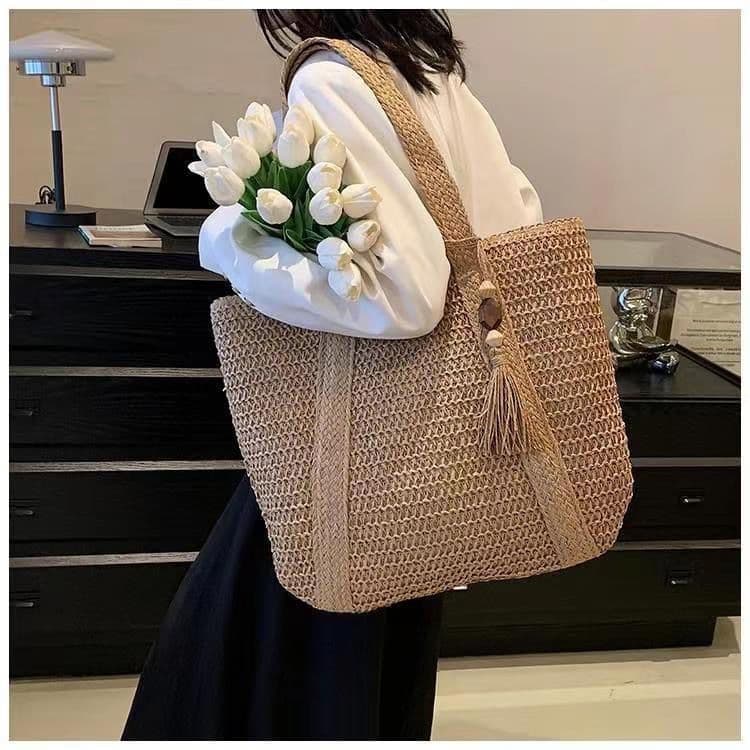 Bolsa Feminina Casual de Palha Tecido Bolsa Espaçasa grande Estilo Boho Bolsa Tote Ideia para Praia
