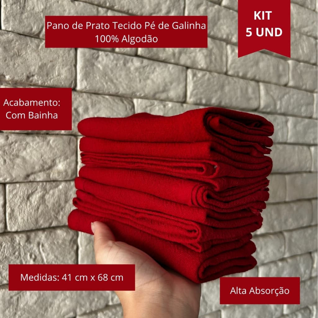 Kit 5 Panos de Prato Vermelho Liso Tecido Pé de Galinha 100% Algodão com Bainha Premium Grande Natal