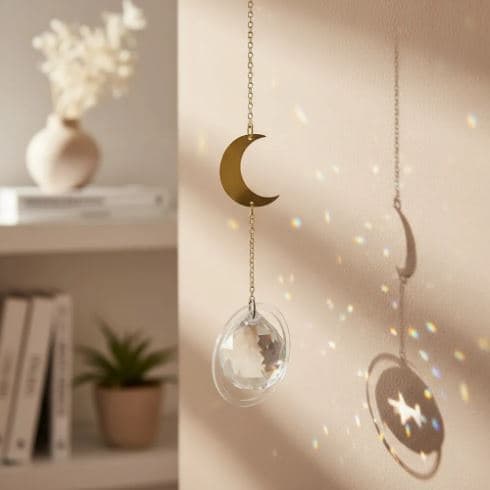 Suncatcher Lua Dourada Espelhada Cristal Prisma - Captador de Sol - Fio de Luz - Pingente decorativo Lua em Acrilico