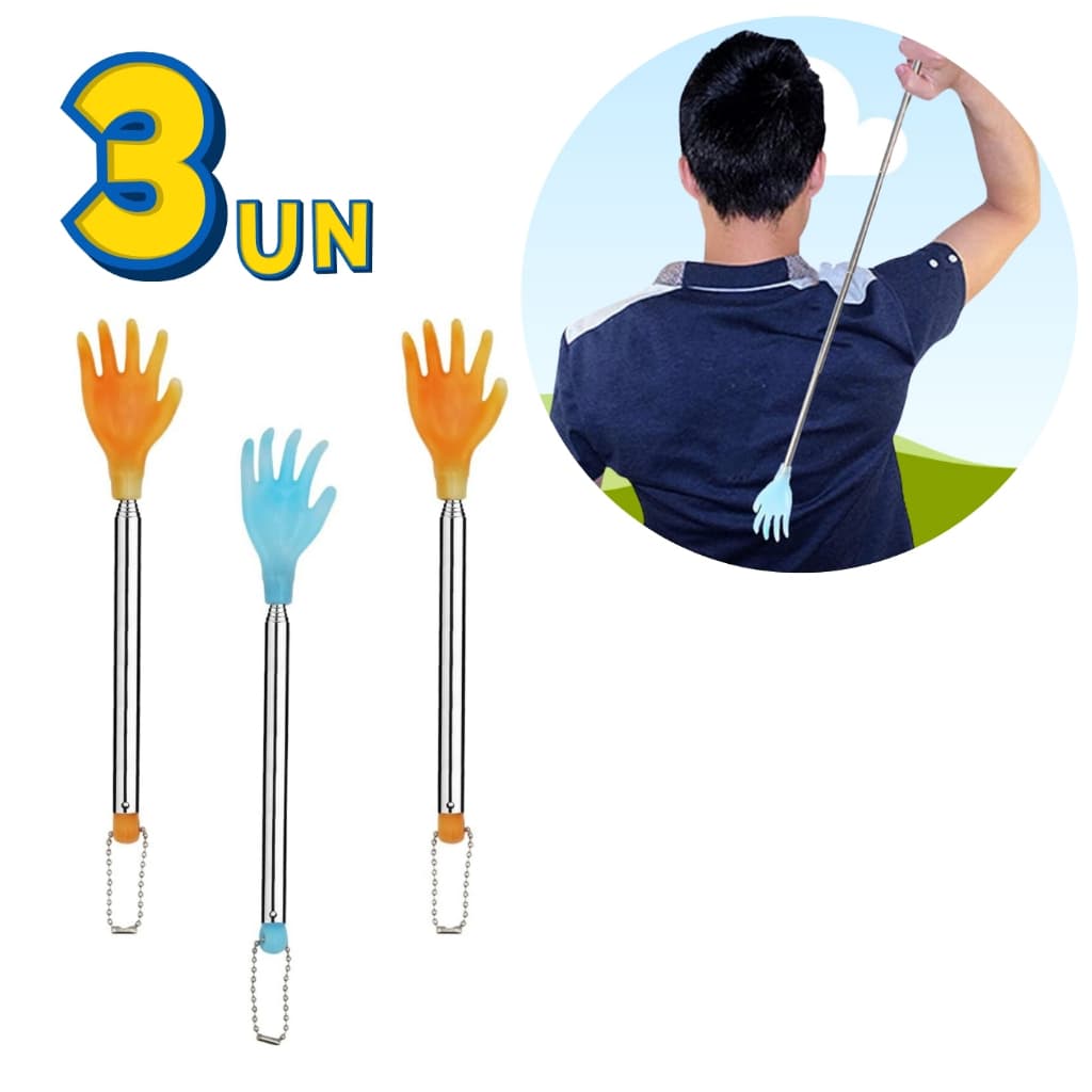 Kit com 3 Mãozinhas Massageadoras Retráteis – Coçador de Costas Extensível 44 cm | Alívio e Relaxamento Instantâneo