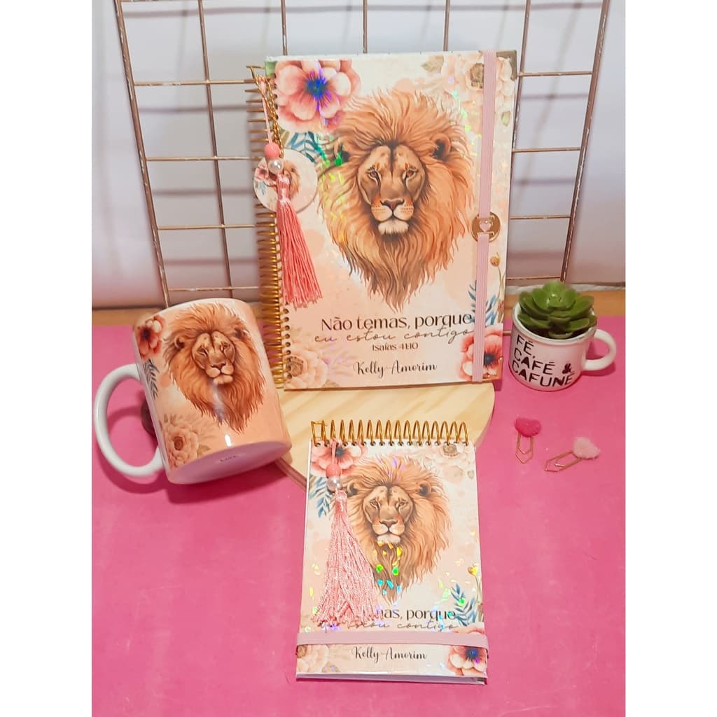 Kit Luxo Leão de Judá Versiculos Agenda+Caneca+Bloco Personalizado capa holográfica