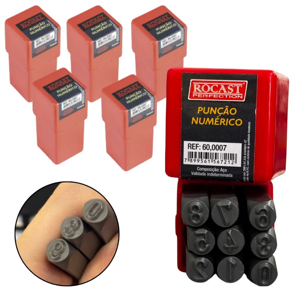 Kit 5 Jogo Punção Numérico 4mm 9 Peças para Marcar Metal Aço Madeira Couro