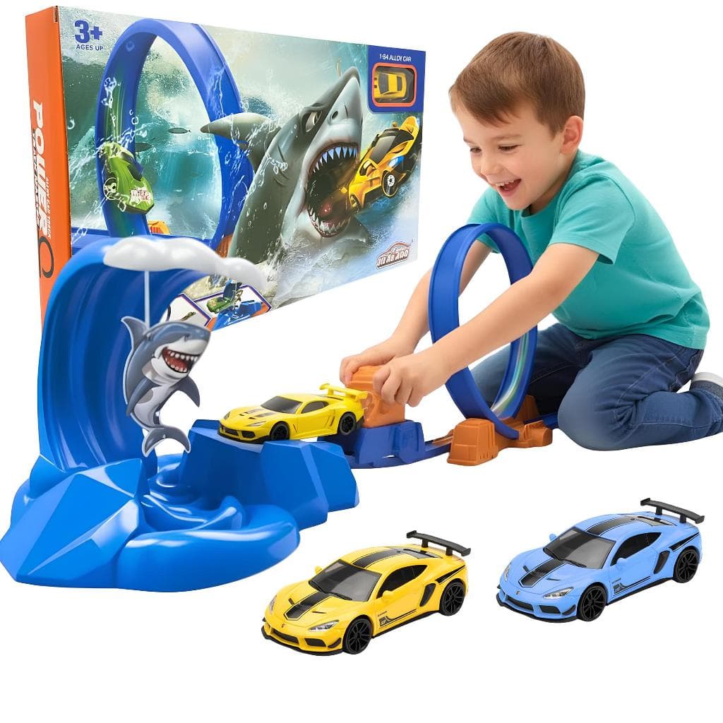 Pista De Carrinho Infantil Looping 360° Com Lançador Tipo Hot Wheels Carrinho Incluso Pista Tubarão