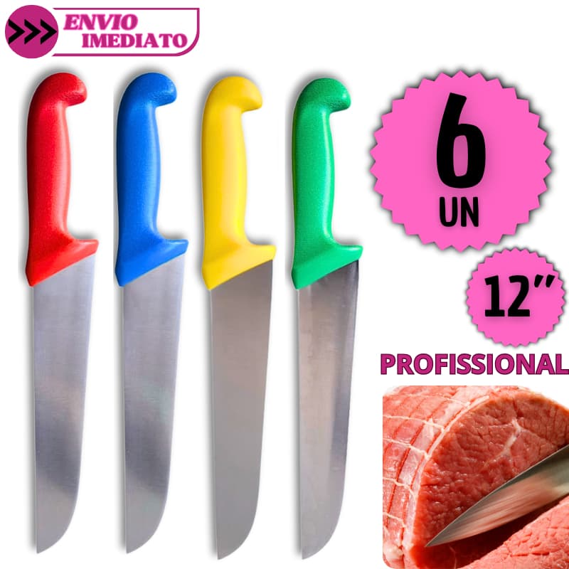 Kit 6 Faca Profissional 12” Aço Inox Corte Preciso Açougue Cozinha Churrasco Açougueiro