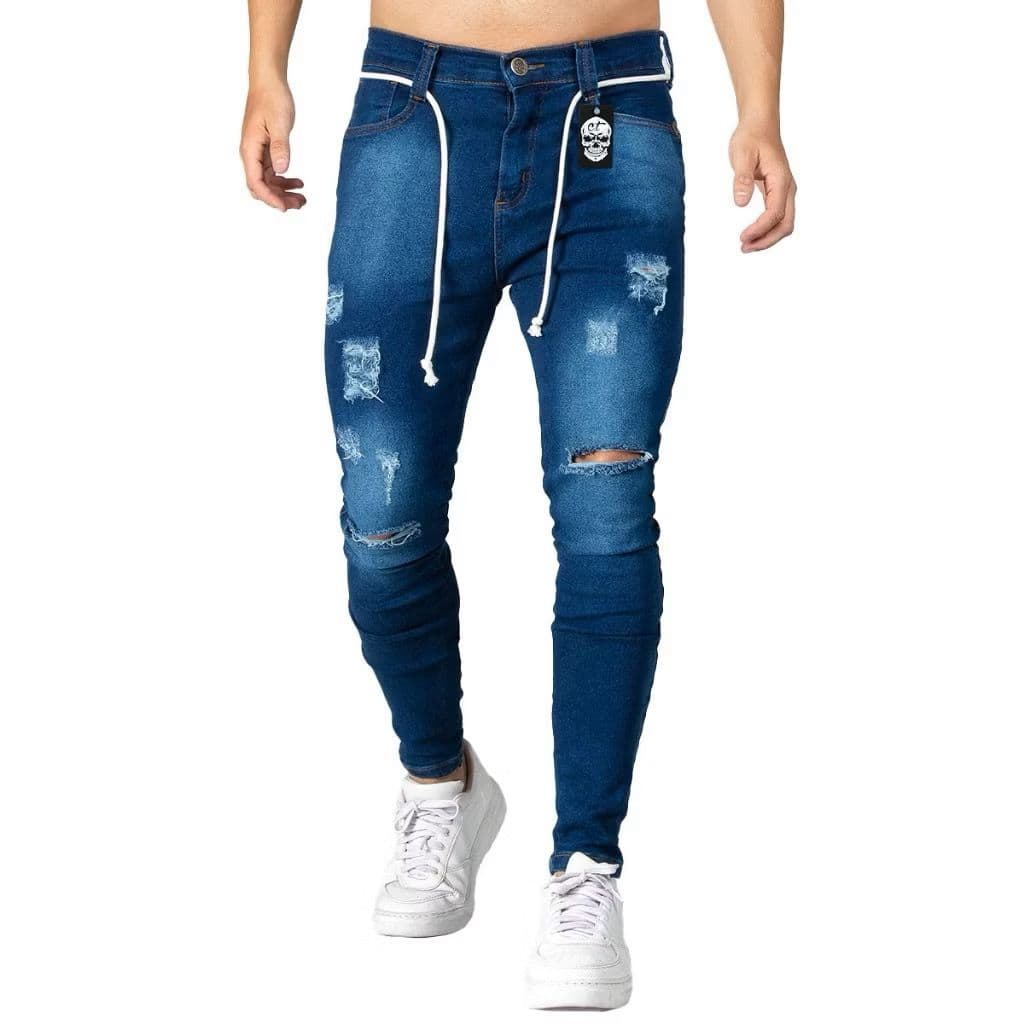 Calças Jeans Skinny Destroyed Azul Claro/Escuro/Cinza – Jeans Masculino Estiloso