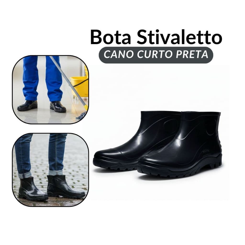 Bota Flex Borracha Pvc Preta Cano Curto Impermeavel Calfor