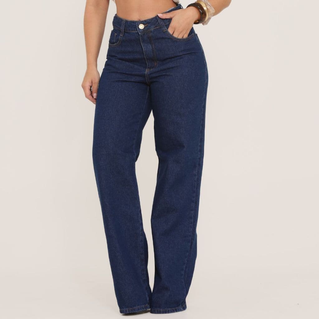 Calça Jeans Feminina Wide Leg Pantalona Cintura Alta Marmorizada Tecido 100% Algodão Blogueira