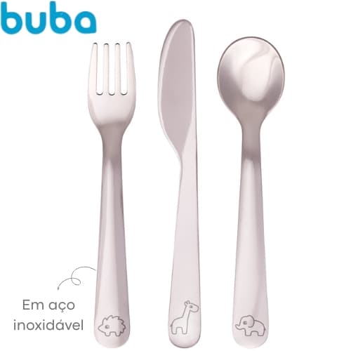 Kit Talheres Buba Garfo + Colher + Faca Infantil Alimentação Refeição Bebê Autoalimentação Lanche.
