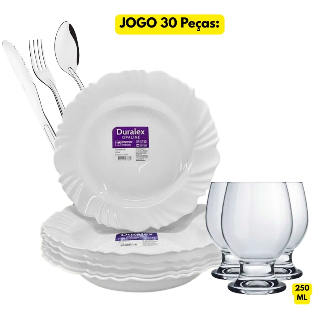 Jogo Kit 30 Peças Pratos Branco Vidro Fundo Pétala + Taças Paulista 250ML + 18 Talheres Inox Oriente